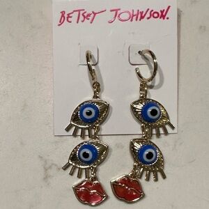NWT Betsy Johnson Evil Eye Dangling Gold and Blue Eye Earrings with Red Lips